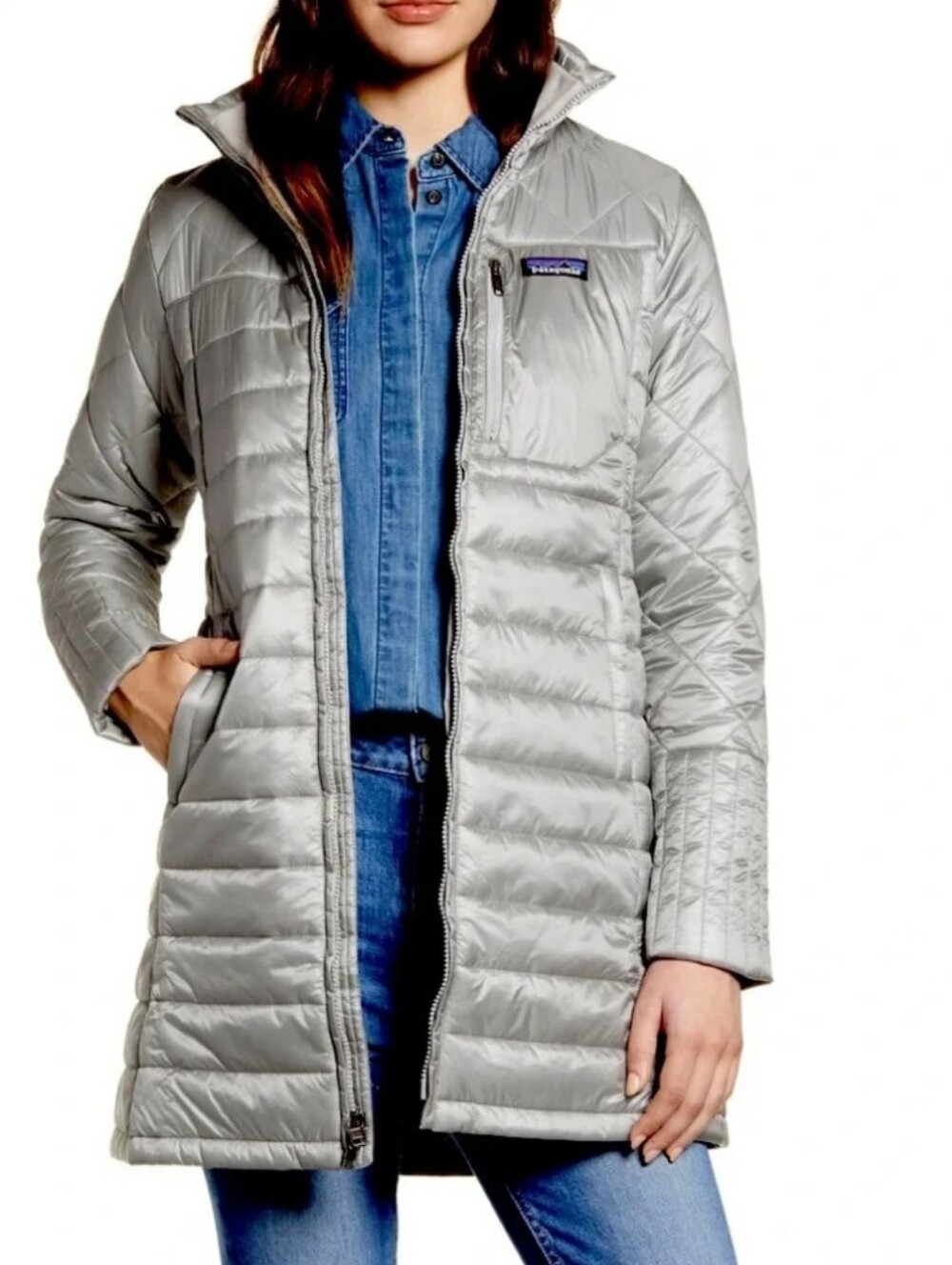 Patagonia Women's Light Silver Quilted Long Puffer Jacket